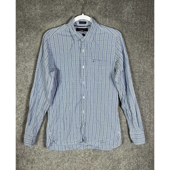 Tommy Hilfiger 80s 2 Ply Fabric Button Down Shirt Mens Size Small Blue Plaid - Picture 1 of 10